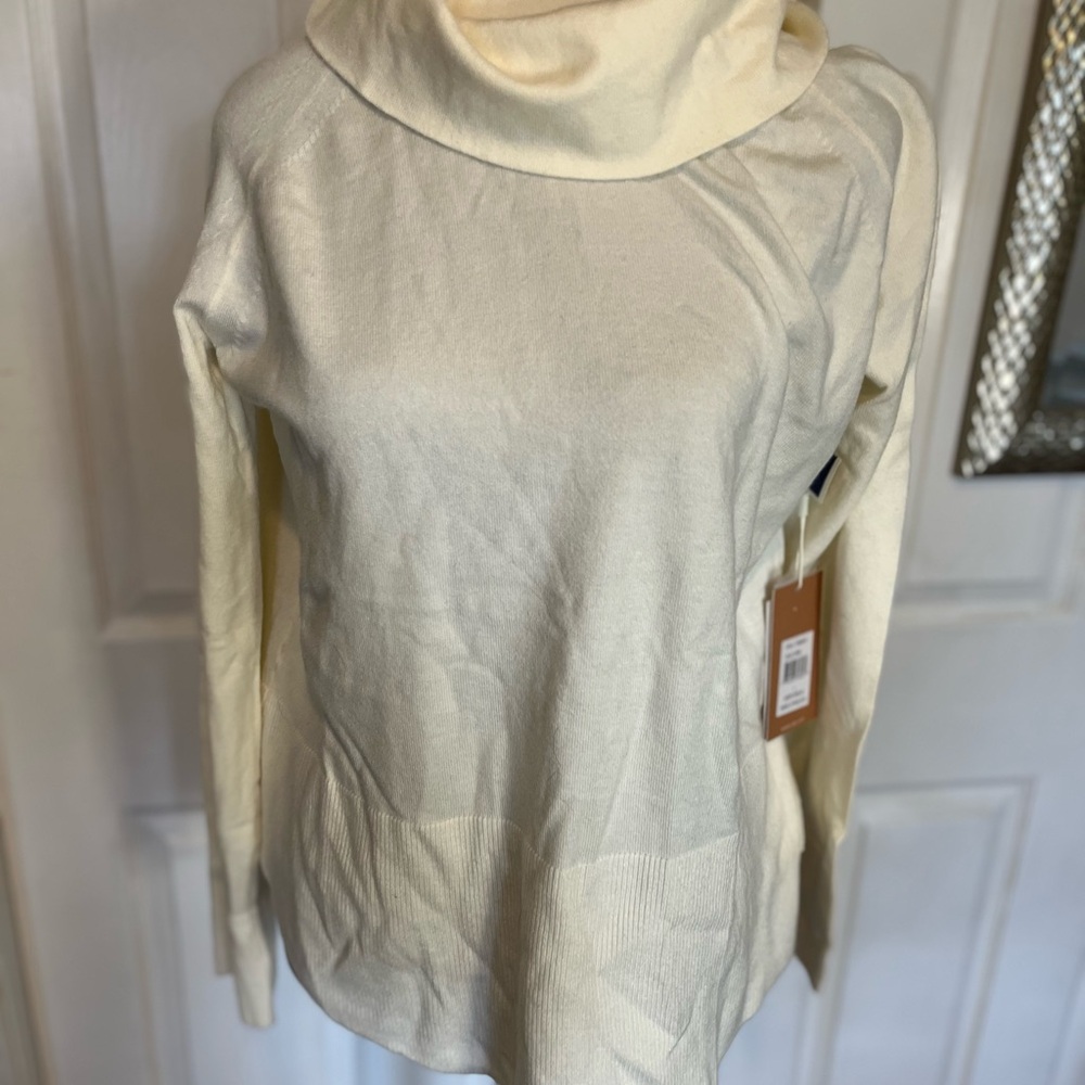 Cyrus Cream Cowl Neck Sweater Lightweight Knit